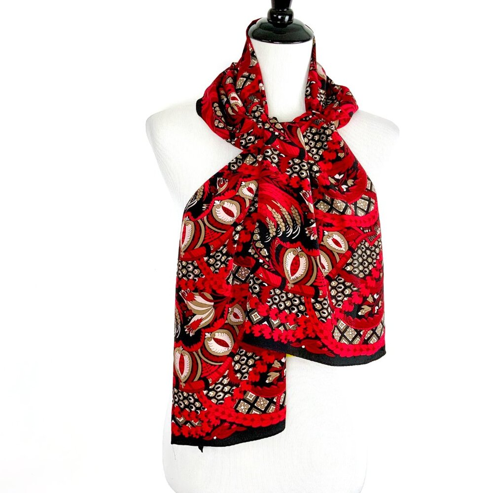 Vintage 80s Ginnie Johanson Silk Floral Print  Red, Black and White Scarf.
